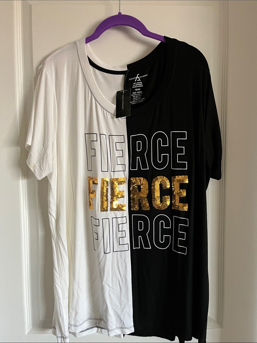 Ashley Stewart Black & White Short Sleeve Tee with Gold Sequin FIERCE 🪻